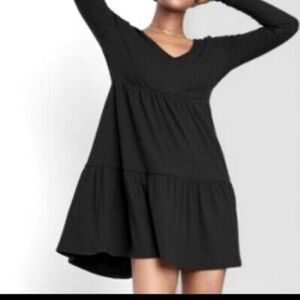 🆕 Wild Fable V-neck Tiered Babydoll Long Sleeve Dress, Black, Size M